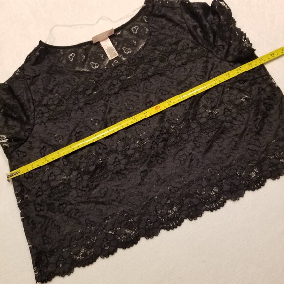 Black Lace Crop Top La Senza T-Shirt Beach Coverup Large Scallop Hem Crew Neck - Picture 7 of 8